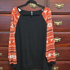 Allegrace Black And Red Top Wirh Long Fair Isle Design Sleeves